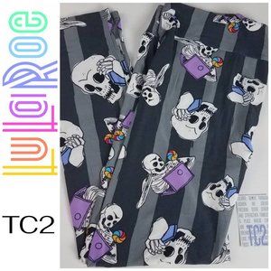 LuLaRoe  TC2  Leggings Skull Halloween Print Cellphone  Phone Gray Black NWT